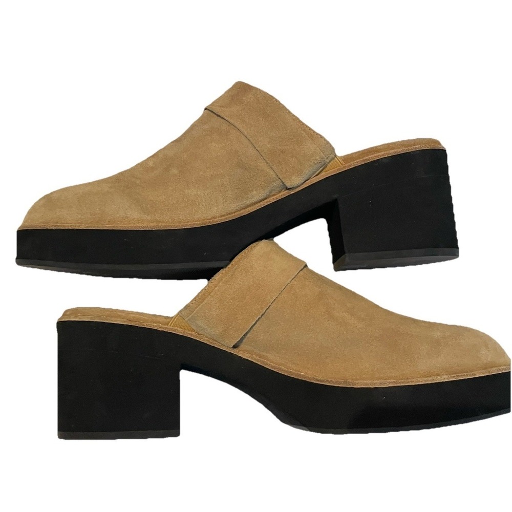 Eileen Fisher Womens Tan Suede Platform Mules Black Block Heel Clogs Size‎ 10